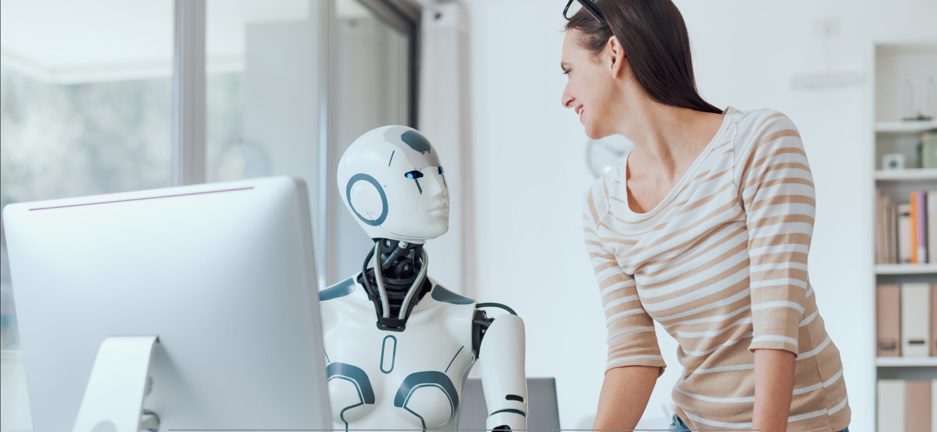 Woman and AI Robot Working Together